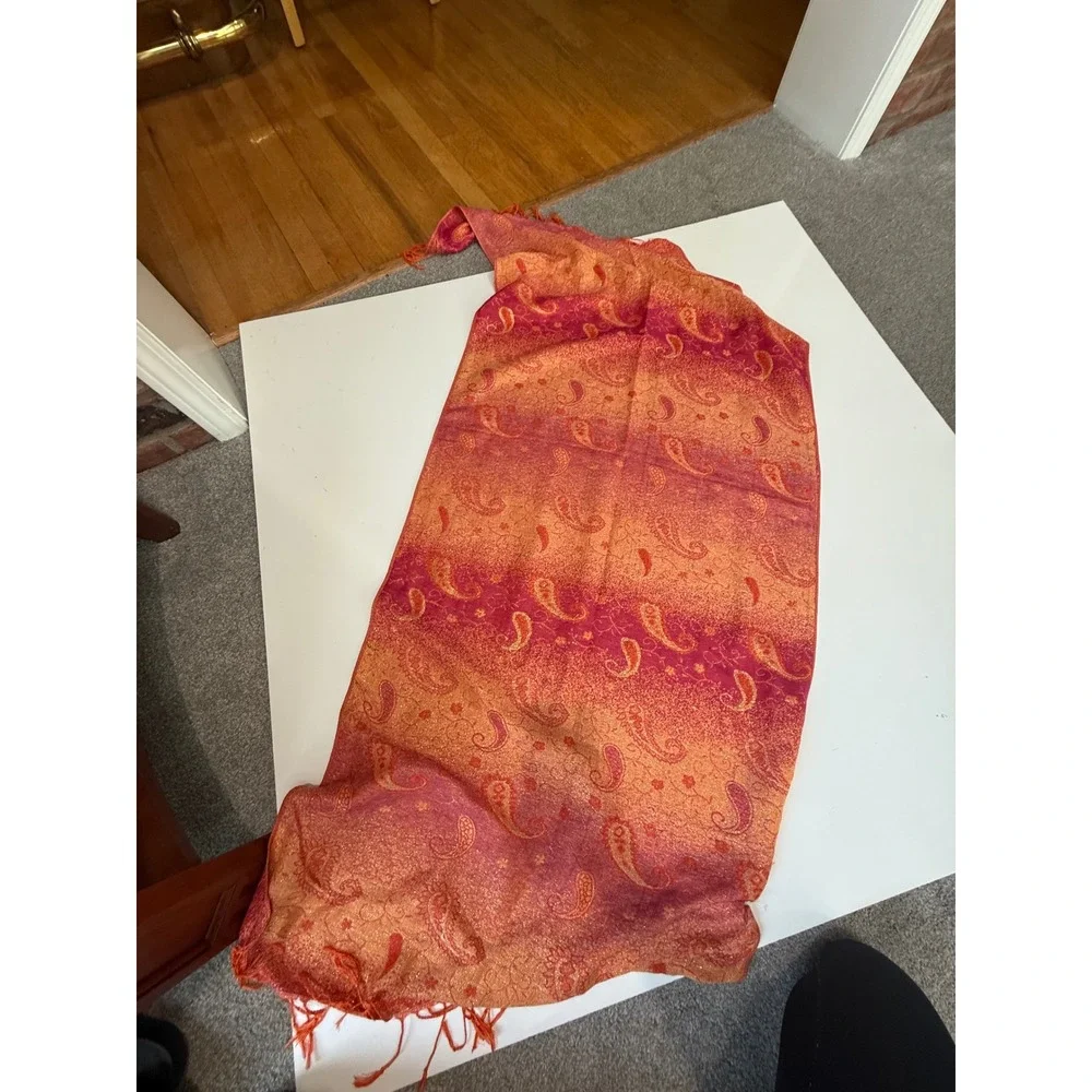 Pashmina‎ Silk Blend Paisley Scarf Wrap Orange Pink Magenta Fringe Shawl